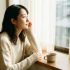 穏やかな陽光に包まれた部屋で物思いにふける女性。感情的な安らぎと女性的な優雅さを象徴している。