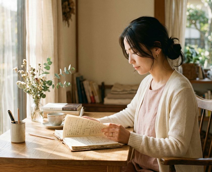 暖かい光の中で机に座り読書と内省をする女性