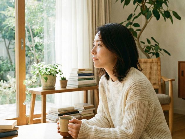 明るく静かな部屋でマインドフルな呼吸を行い、ストレスを和らげる女性。