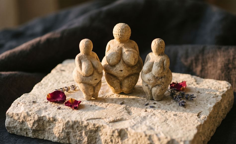世界文化における古代ヴィーナス像と神聖な女性の象徴が自然石の上に暖かな光で展示されている