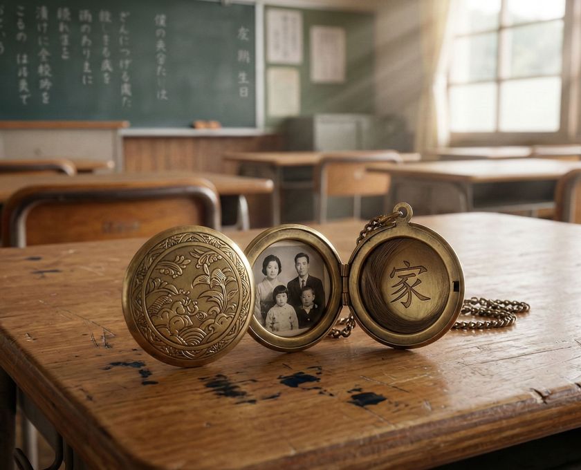 小さな花とヴィンテージのロケットが置かれた木製の机。穏やかで中立的な教育環境を象徴している。