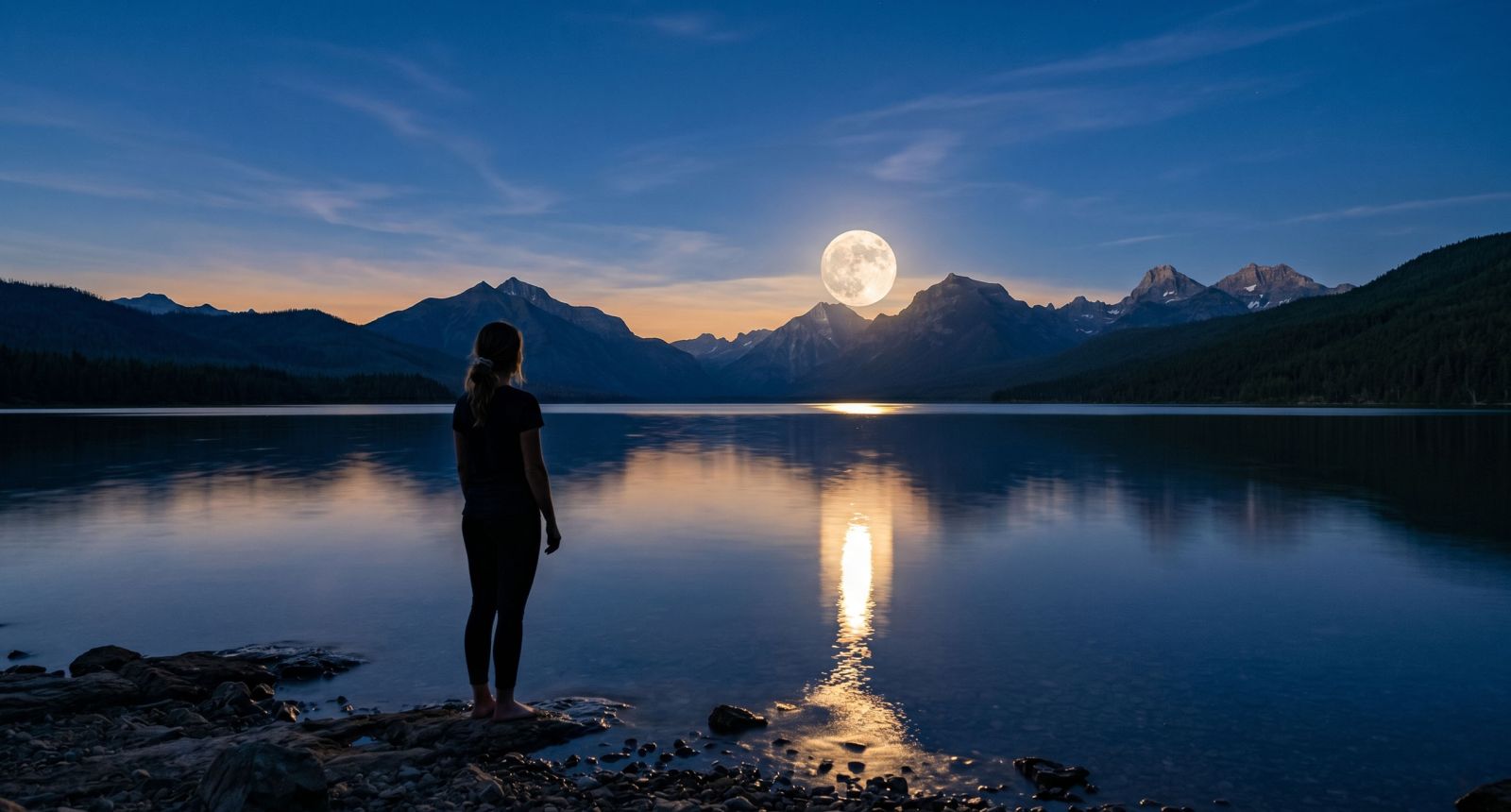 Luna llena sobre un océano en calma al anochecer, con la silueta de una mujer mirando al cielo desde la orilla — simbolizando la conexión ancestral entre ciclos