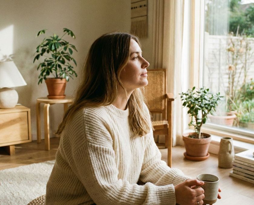 A woman practicing mindful breathing in a bright, peaceful room to lower stress levels.