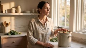 Woman in linen at a sunlit kitchen counter with a fermentation crock, illustrating the lactic acid bacteria behind the vaginal microbiome