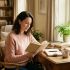 A woman seated at a sunlit desk reading and reflecting in soft warm light