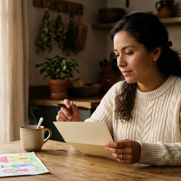 Mujer sentada en una mesa de cocina iluminada por el sol, sosteniendo un bolígrafo sobre una papeleta y reflexionando sobre cómo las mujeres forman sus opiniones políticas