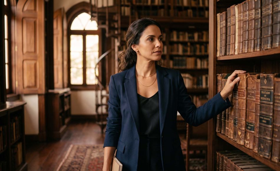 Elegante mulher estudando antigos livros de anatomia em uma biblioteca médica histórica, ilustrando a história da teoria do útero errante na medicina feminina.