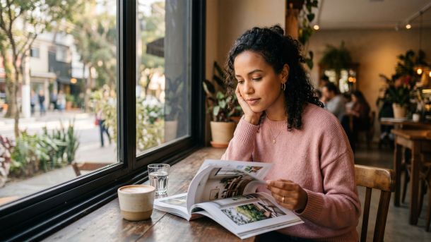 Mulher sentada pensativamente junto à janela de um café lendo uma revista, luz natural suave, expressão contemplativa e tons quentes