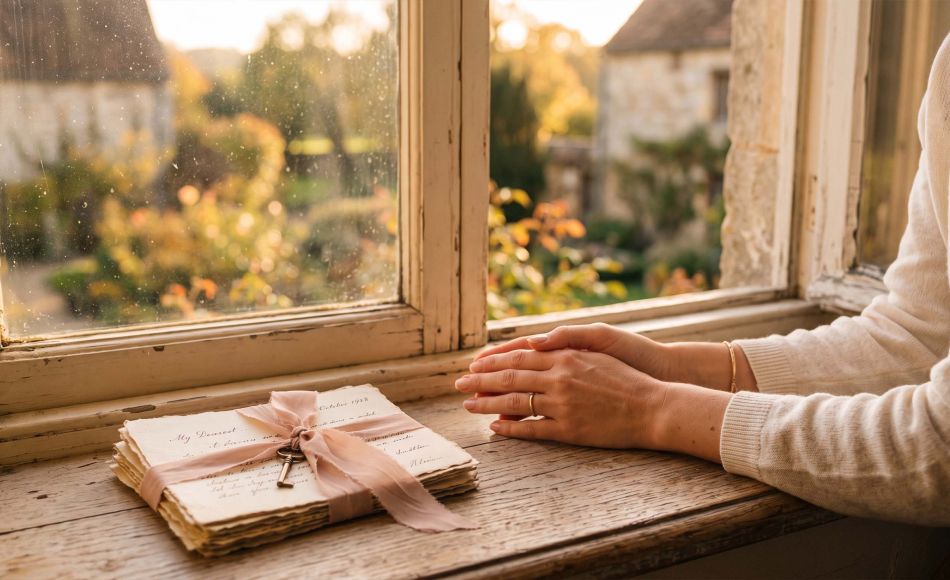 Woman's hands resting beside handwritten love letters in soft window light, representing the history of romantic anticipation