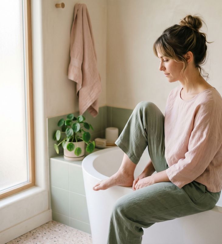 Woman sitting in a sunlit bathroom, reflecting quietly — normalizing body awareness and daily hygiene routines