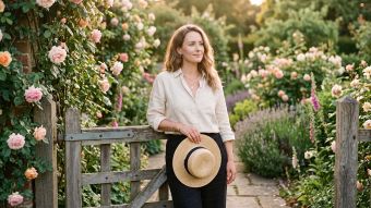 Serene woman in linen at a rose-covered garden gate in golden light during a screen-free weekend reset for a positive mindset