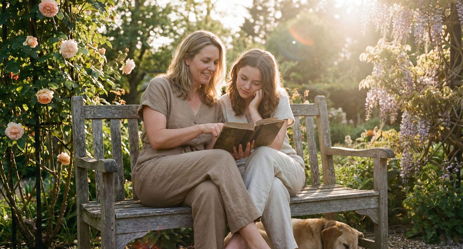A mother teaching her daughter traditional values in a peaceful setting.