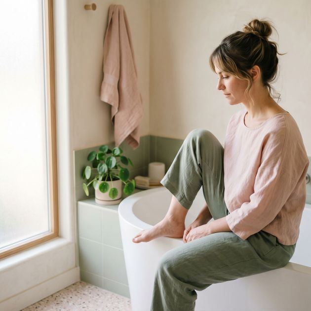 Woman sitting in a sunlit bathroom, reflecting quietly — normalizing body awareness and daily hygiene routines