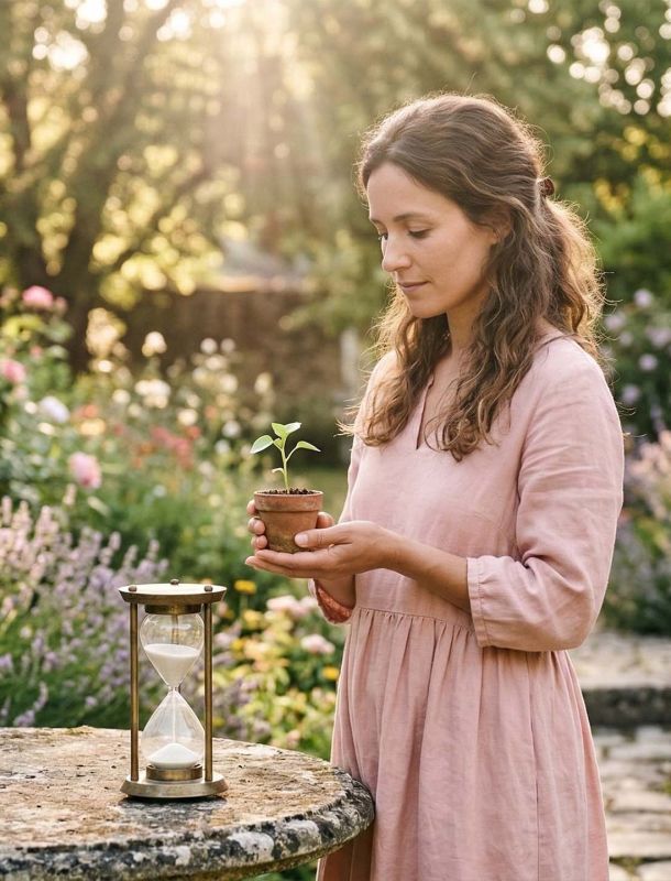 Une femme moderne réfléchissant aux saisons naturelles de la vie et de la fertilité.