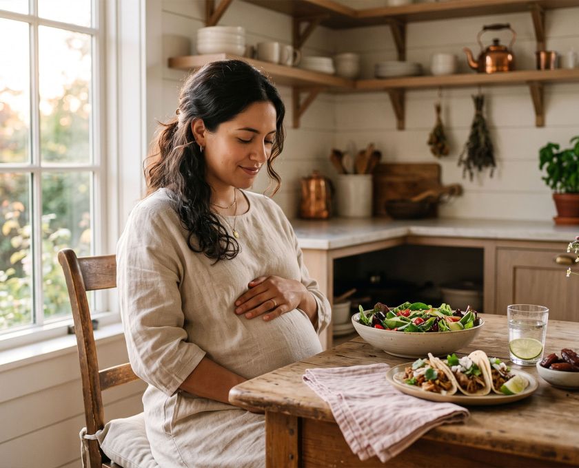 Mujer embarazada en una cocina iluminada por el sol junto a una ensalada, tacos y dátiles que representan los mitos para inducir el parto