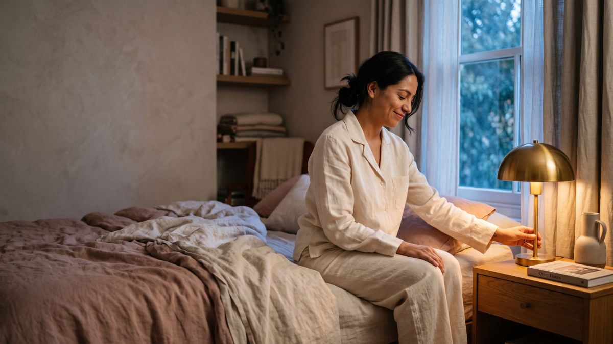 Mujer con pijama color crema encendiendo una lámpara de mesita al anochecer, ilustrando las señales no expresadas que las parejas usan para la intimidad.