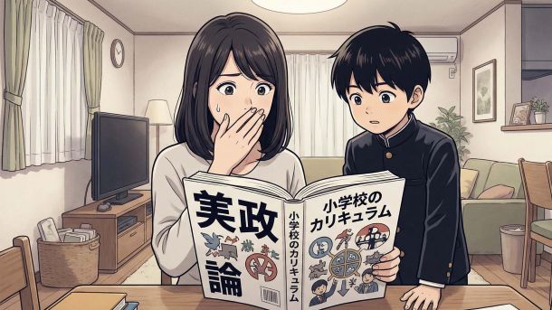 自宅で母親と子供が一緒に教材を確認している様子。