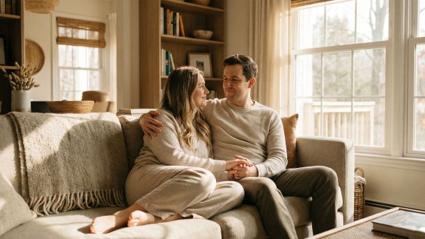 A husband and wife sitting together, representing a secure and stable marital bond.