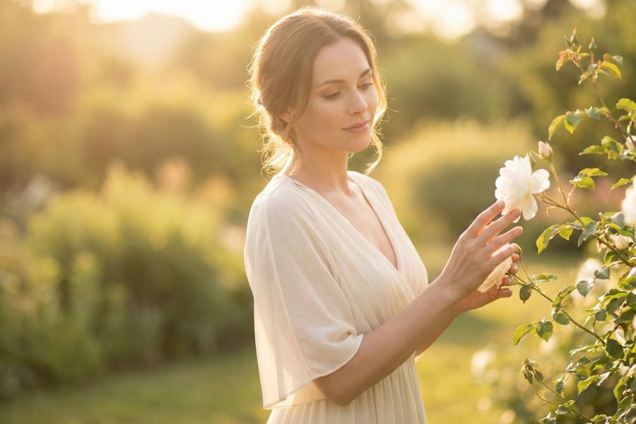 A woman in soft light reflecting on her journey toward body confidence and self-love.