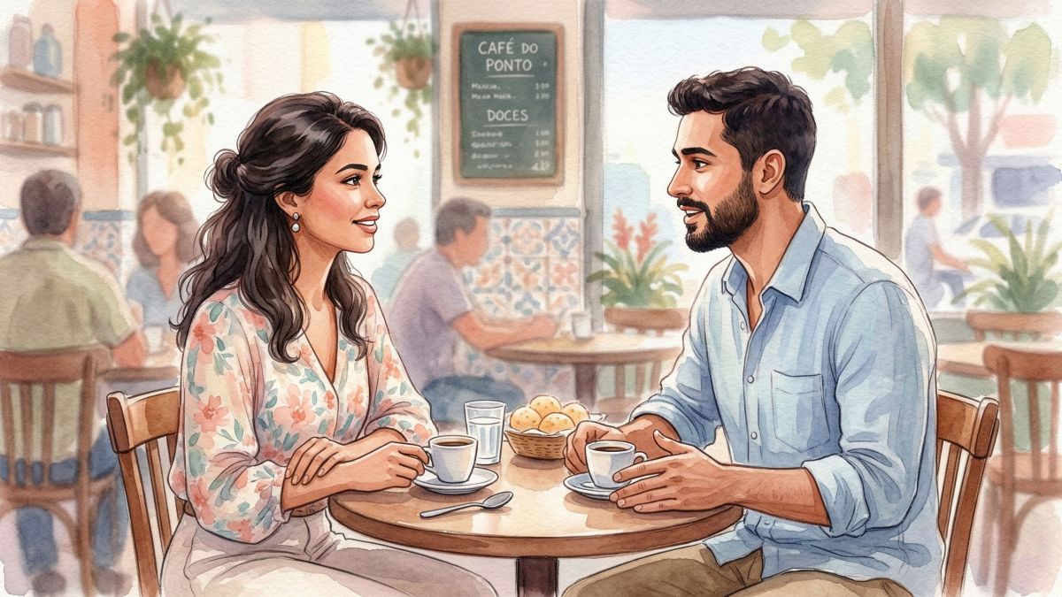 Um homem e uma mulher em um primeiro encontro respeitoso demonstrando sinais não verbais positivos.