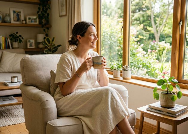 A peaceful woman enjoying a quiet moment in a bright, clean home.