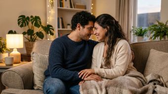 Una pareja compartiendo un momento de conexión tranquila y comprensión mutua después de una conversación productiva.