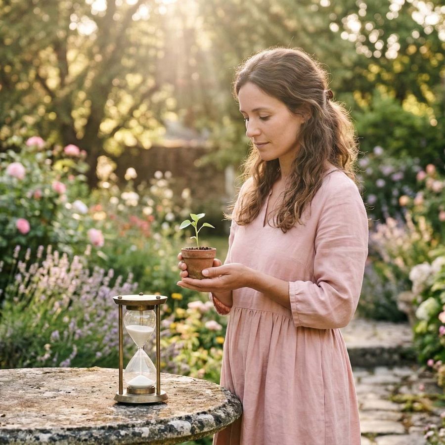 Une femme moderne réfléchissant aux saisons naturelles de la vie et de la fertilité.