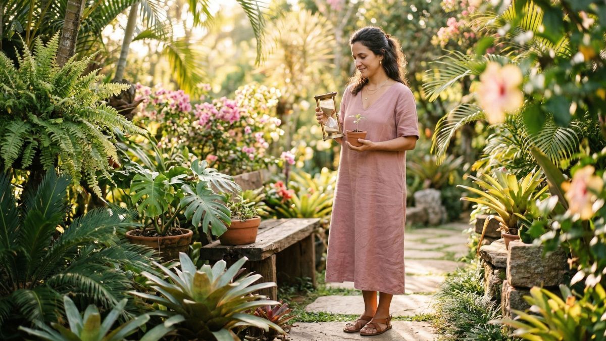 Uma mulher moderna refletindo sobre as estações naturais da vida e da fertilidade.