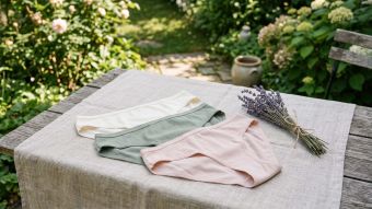Neatly folded breathable cotton underwear in soft neutral colors on a white linen background.