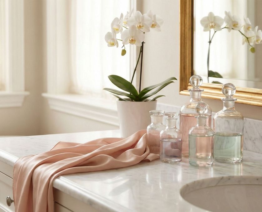 Tocador elegante con frascos de cuidado de lujo y orquídeas representando la belleza femenina global.