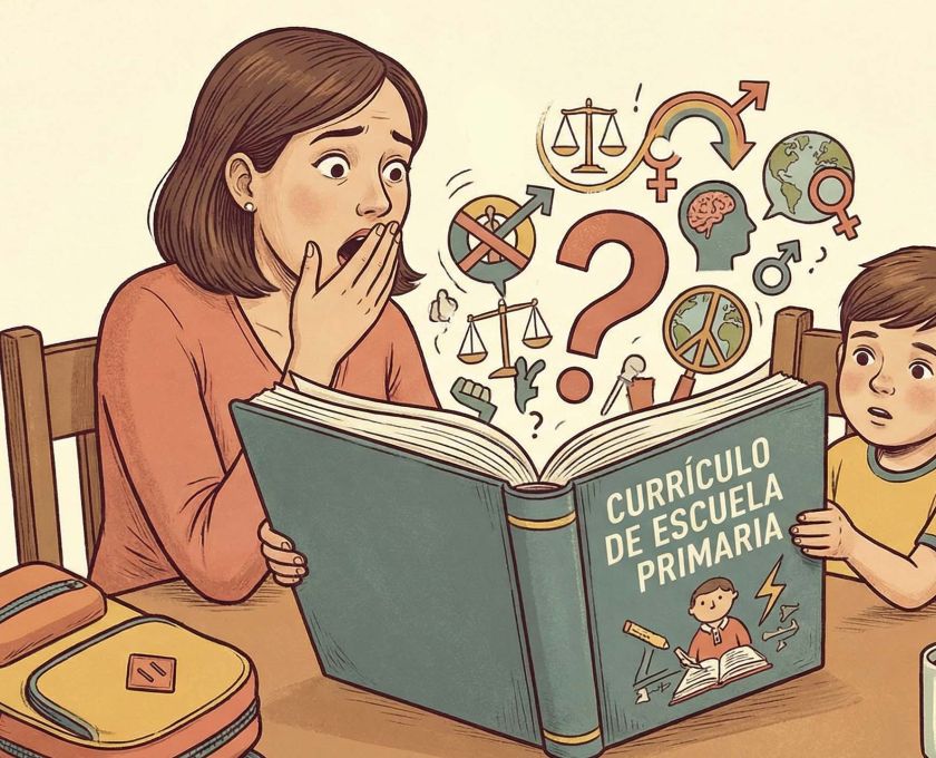 Una madre y su hijo revisando materiales educativos juntos en un entorno hogare&ntilde;o.