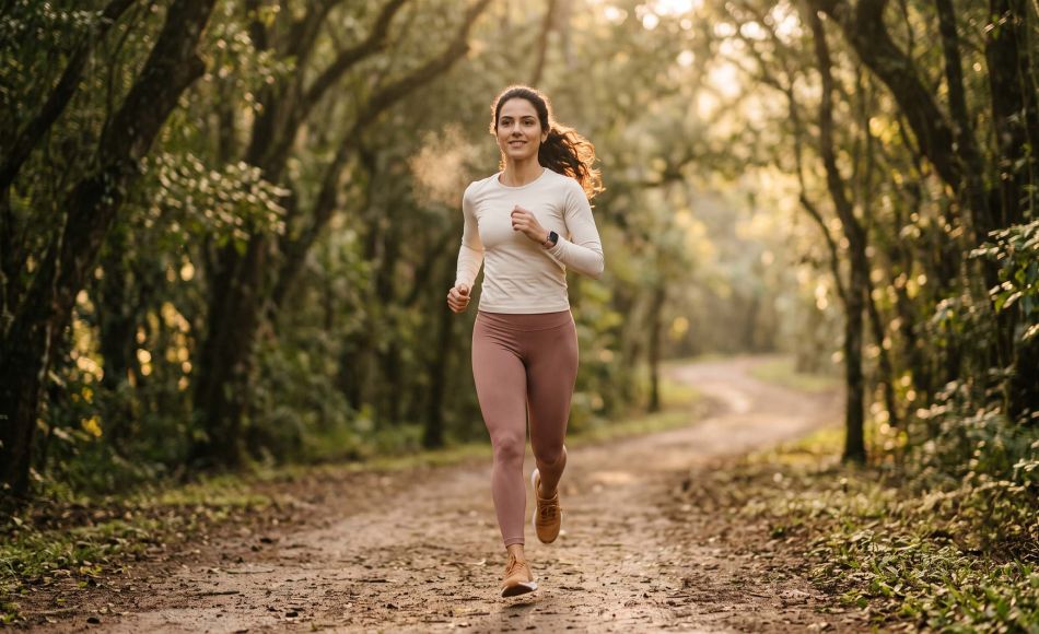 Woman running at golden hour, illustrating how the female body burns fuel differently from men