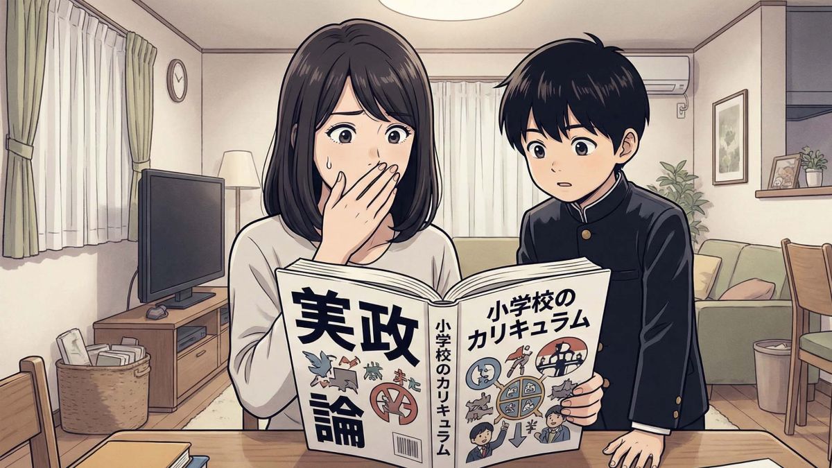 自宅で母親と子供が一緒に教材を確認している様子。