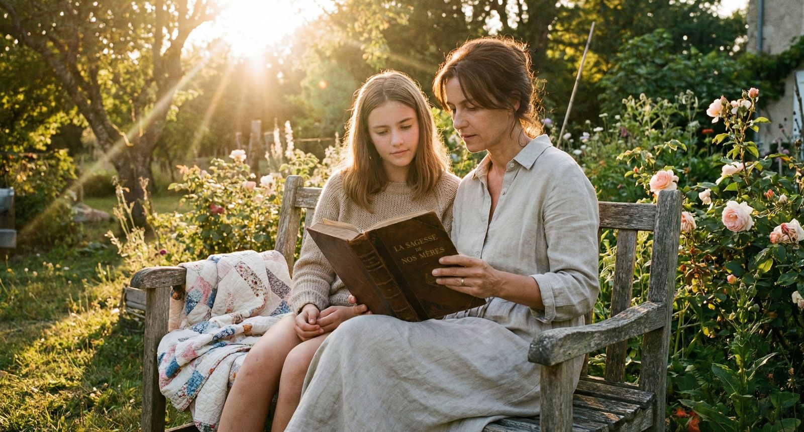 Une mère enseignant à sa fille des valeurs traditionnelles dans un cadre paisible.