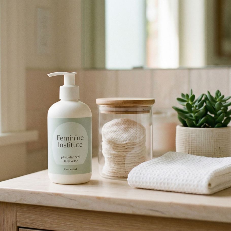 Cena suave de banheiro feminino com produtos naturais de skincare representando uma rotina consciente de higiene íntima feminina