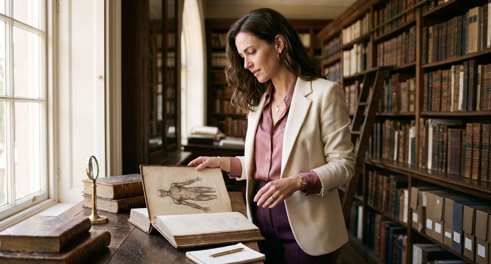Elegant woman examining a 19th-century medical catalogue in a sunlit archive, illustrating the documented history of Victorian hysteria treatment