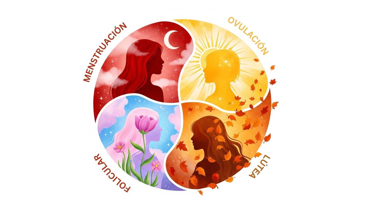 Ilustración de las cuatro fases del ciclo menstrual femenino representadas como una danza circular de hormonas y energía.