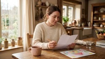 Woman at a sunlit kitchen table holding a pen over a ballot, reflecting on how women form political views