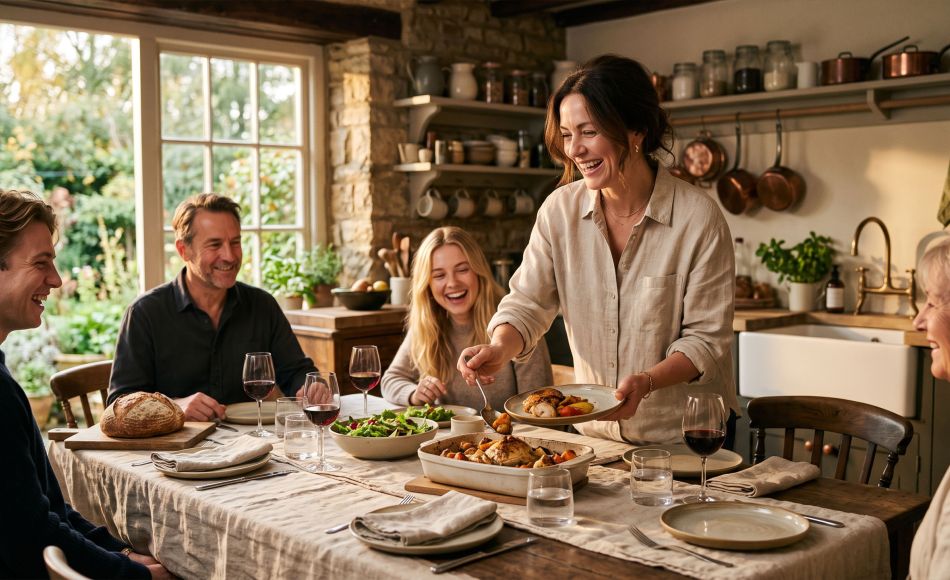 Woman serving a home-cooked family meal at a sunlit table, illustrating how to maintain a healthy weight without dieting.