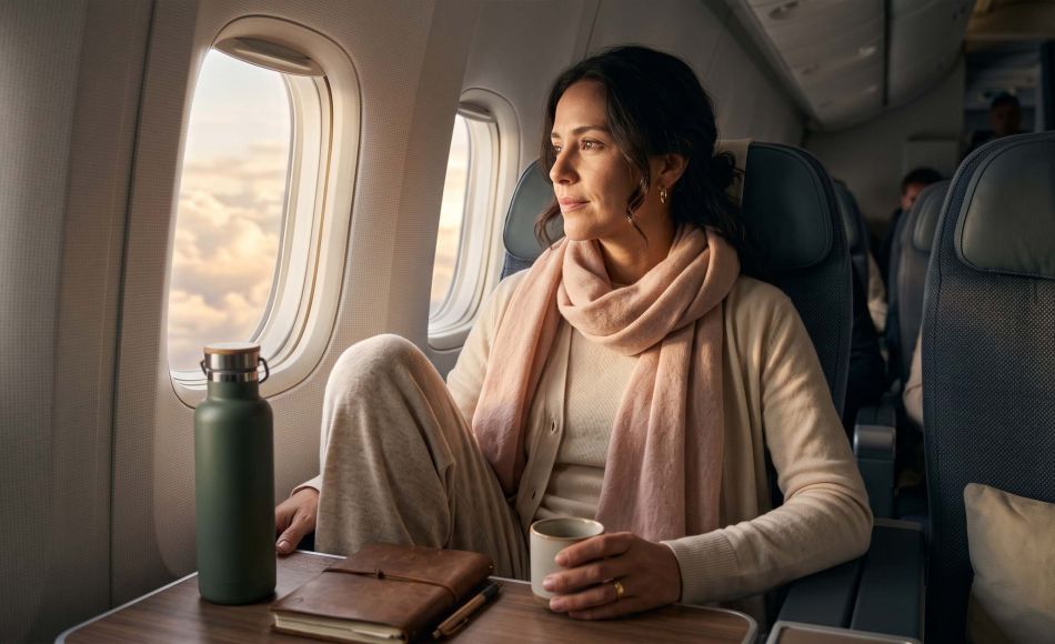 Mujer con suaves capas de algodón y lana merino descansando cómodamente en un asiento junto a la ventana de un avión durante un vuelo largo