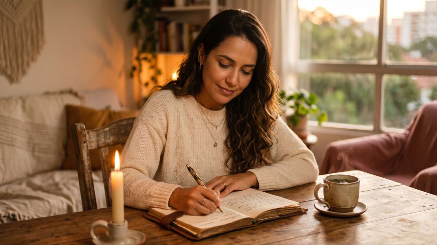 Mulher sentada em uma mesa tranquila escrevendo em um diário à luz de velas, refletindo sobre reconstruir a confiança em seu relacionamento