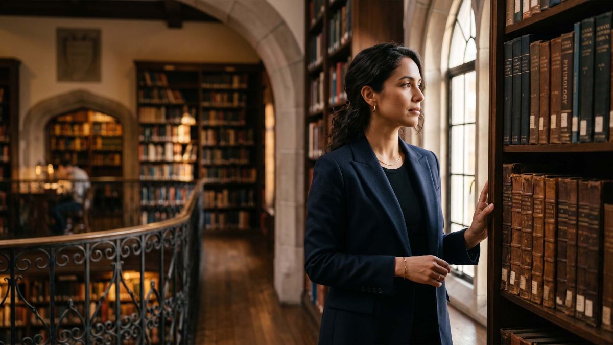 Elegante mujer estudiando antiguos libros de anatomía en una biblioteca médica histórica, ilustrando la historia de la teoría del útero errante en la medicina femenina.