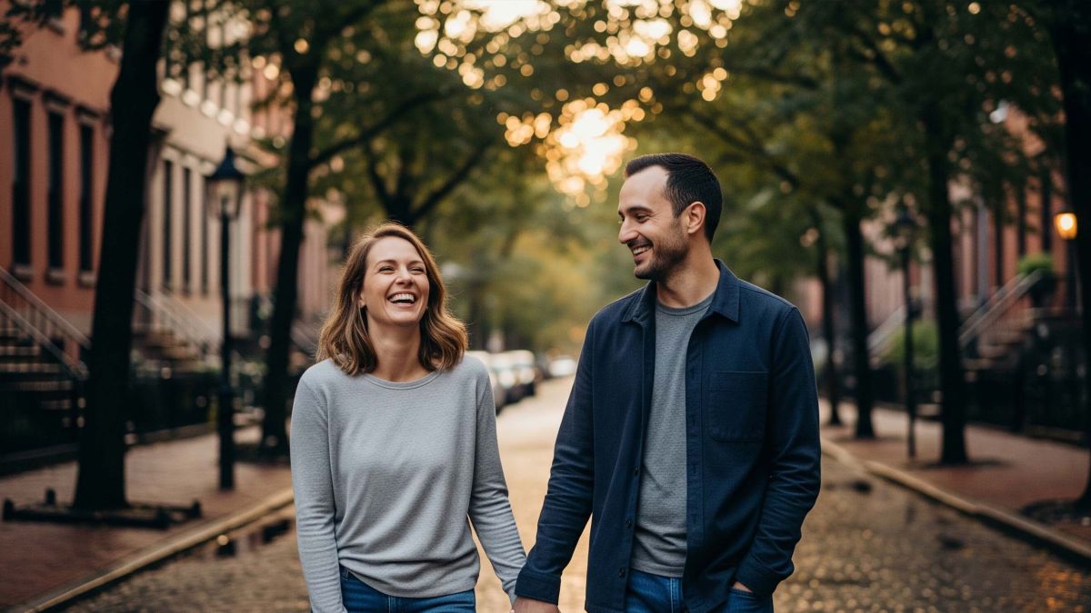 Pareja tomados de la mano caminando y sonriendo