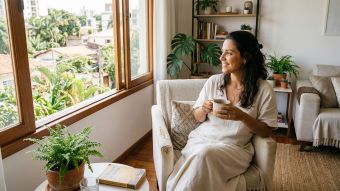 Uma mulher tranquila desfrutando de um momento calmo em uma casa limpa e iluminada.
