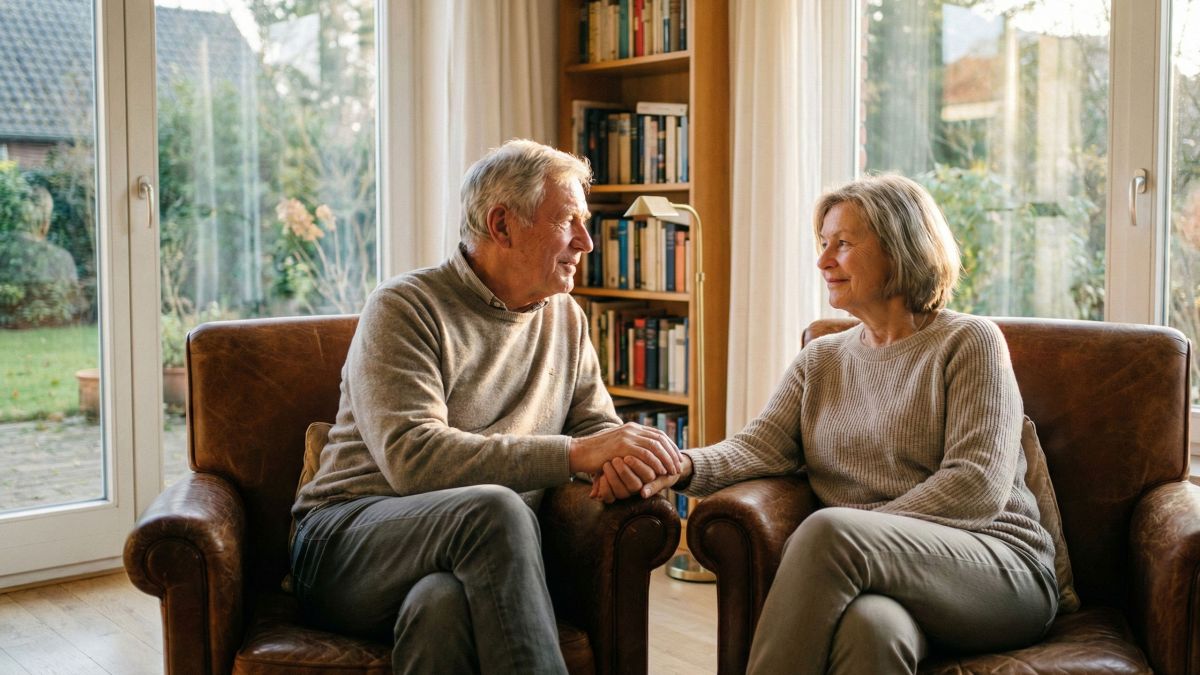 Ein Ehepaar, das zusammensitzt und eine sichere, stabile eheliche Bindung darstellt.