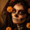 Elegantes La-Catrina-Porträt mit Spitzen-Schleier, Ringelblumen und Kerzenlicht