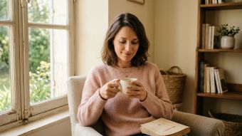 Une femme calme et confiante dans une lumière naturelle douce, représentant la conscience de son corps et la connaissance de soi