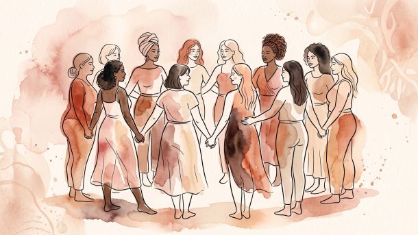 Abstract watercolor and line art illustration of a diverse group of women standing together in unity, symbolizing shared stories of womanhood, motherhood, and bodily experiences.