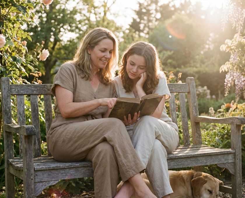 A mother teaching her daughter traditional values in a peaceful setting.