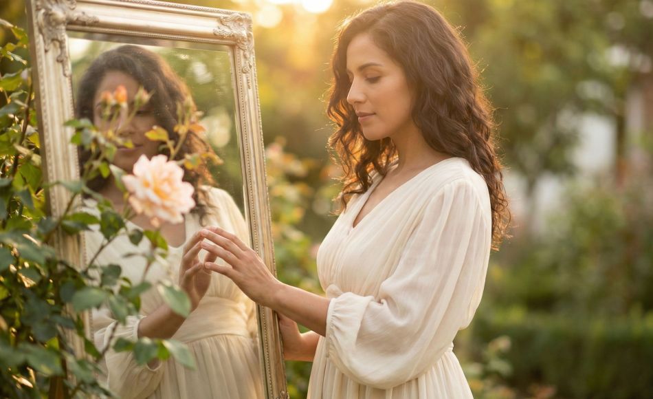 Una mujer en luz suave reflexionando sobre su camino hacia la confianza corporal y el amor propio.